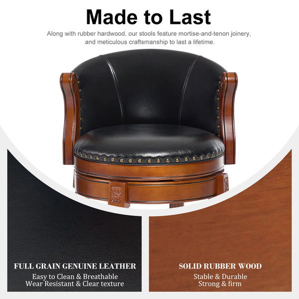 Swivel Bar Stool with Top-Grain Leather Seat, Soft Back, Rubber Wood Frame & Footrest for Kitchen, Dining, or Bar  Wooden Bazar