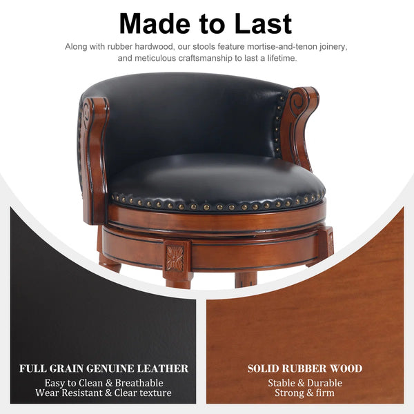 Swivel Bar Stool with Top-Grain Leather Seat, Soft Back, Rubber Wood Frame & Footrest for Kitchen, Dining, or Bar  Wooden Bazar