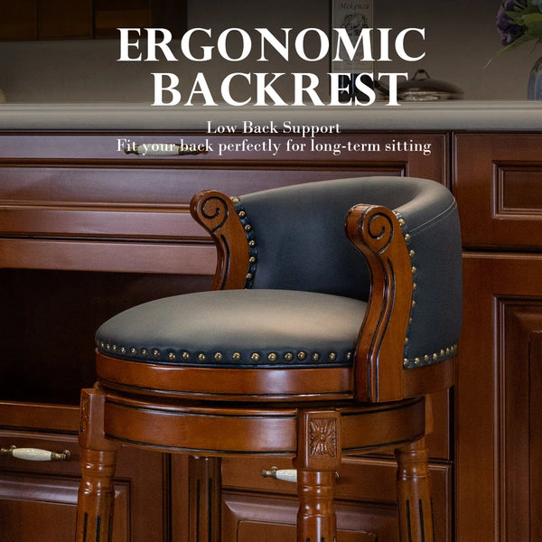Swivel Bar Stool with Top-Grain Leather Seat, Soft Back, Rubber Wood Frame & Footrest for Kitchen, Dining, or Bar  Wooden Bazar