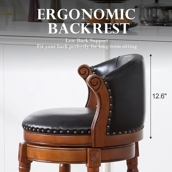Swivel Bar Stool with Top-Grain Leather Seat, Soft Back, Rubber Wood Frame & Footrest for Kitchen, Dining, or Bar  Wooden Bazar