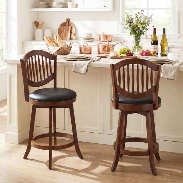 Swivel Bar Stools Set of 4, 25” Counter Height Barstools with Backrest & Wood Frame Expresso and Black  Wooden Bazar