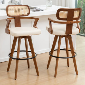 Swivel Upholstered Cane Back Bar Stools (Set of 2)  Wooden Bazar