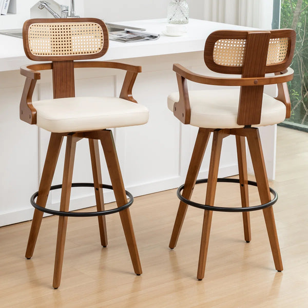 Swivel Upholstered Cane Back Bar Stools (Set of 2)  Wooden Bazar