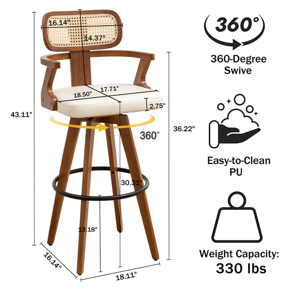 Swivel Upholstered Cane Back Bar Stools (Set of 2)  Wooden Bazar
