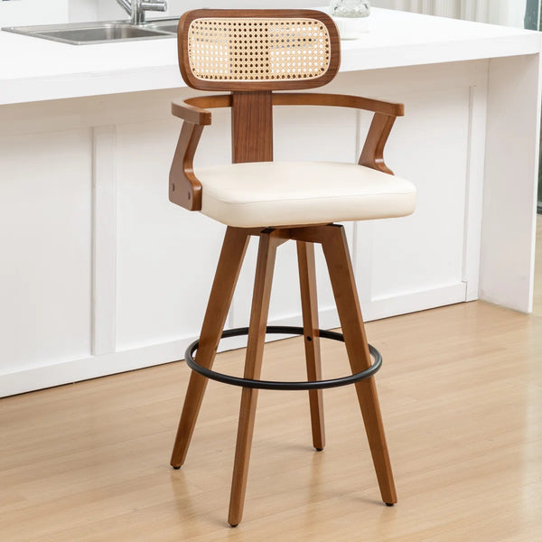 Swivel Upholstered Cane Back Bar Stools (Set of 2)  Wooden Bazar