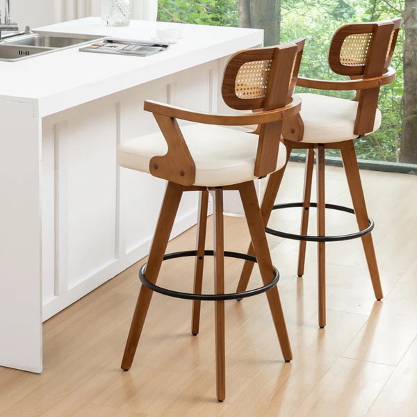 Swivel Upholstered Cane Back Bar Stools (Set of 2)  Wooden Bazar