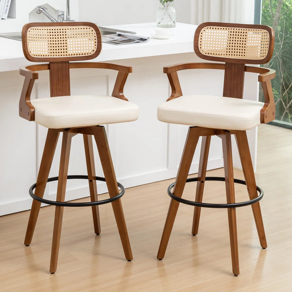 Swivel Upholstered Cane Back Bar Stools (Set of 2)  Wooden Bazar