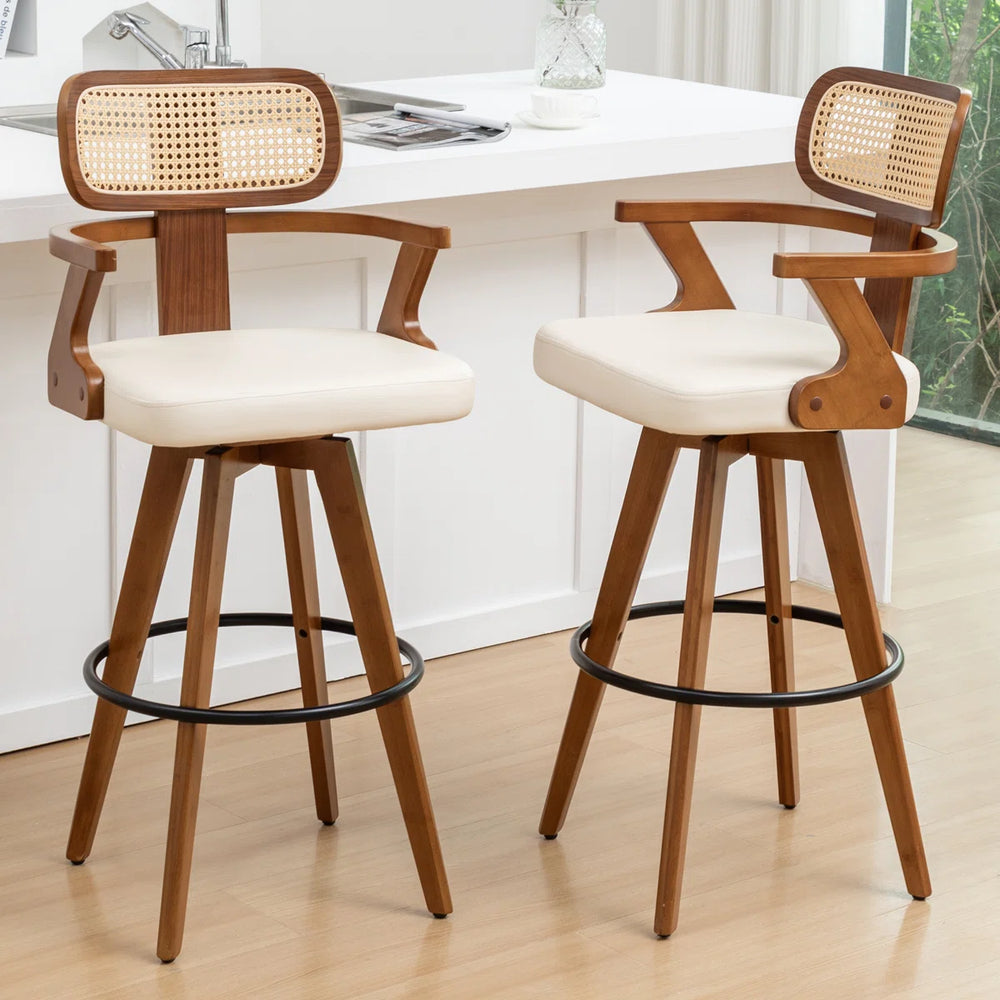 Swivel Upholstered Cane Back Bar Stools (Set of 2)  Wooden Bazar