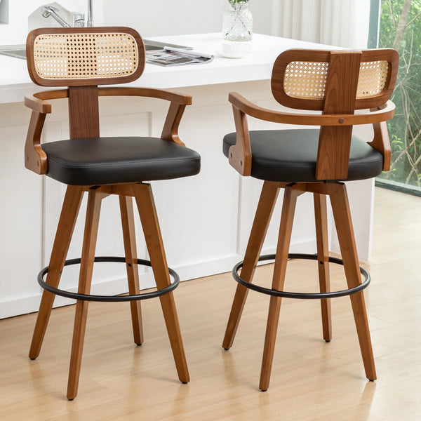 Swivel Upholstered Cane Back Bar Stools (Set of 2)  Wooden Bazar