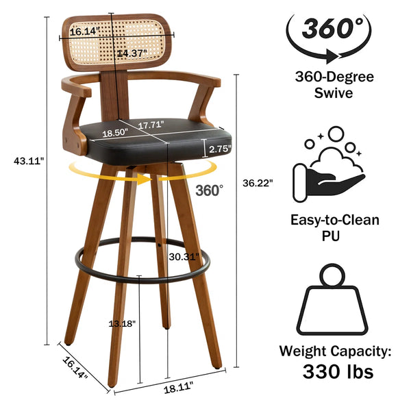 Swivel Upholstered Cane Back Bar Stools (Set of 2)  Wooden Bazar