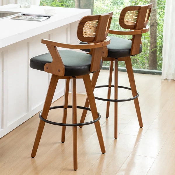 Swivel Upholstered Cane Back Bar Stools (Set of 2)  Wooden Bazar