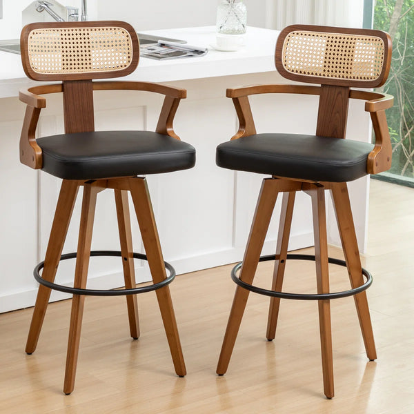 Swivel Upholstered Cane Back Bar Stools (Set of 2)  Wooden Bazar