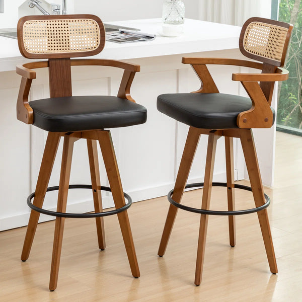 Swivel Upholstered Cane Back Bar Stools (Set of 2)  Wooden Bazar