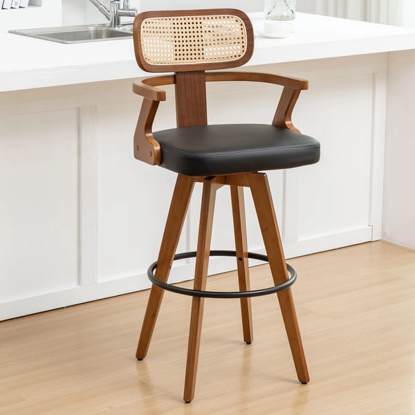 Swivel Upholstered Cane Back Bar Stools (Set of 2)  Wooden Bazar