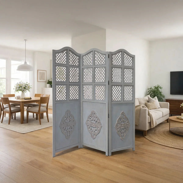 Three-Panel Wooden Room Divider with Traditional Carved Cutout Design, Blue  Wooden Bazar
