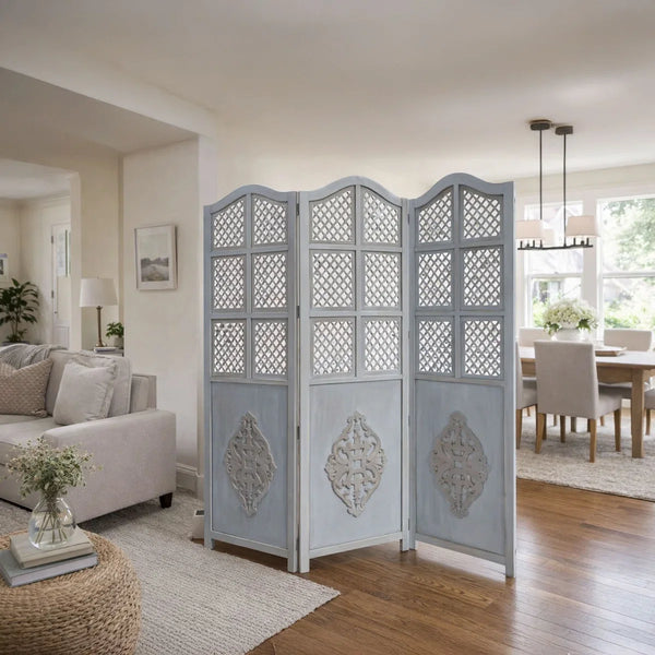 Three-Panel Wooden Room Divider with Traditional Carved Cutout Design, Blue  Wooden Bazar
