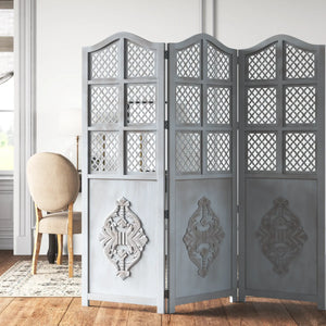 Three-Panel Wooden Room Divider with Traditional Carved Cutout Design, Blue  Wooden Bazar