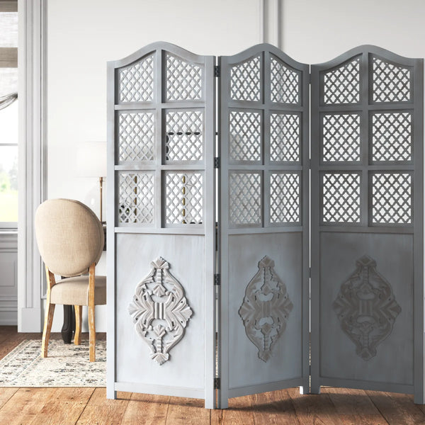 Three-Panel Wooden Room Divider with Traditional Carved Cutout Design, Blue  Wooden Bazar