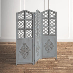 Three-Panel Wooden Room Divider with Traditional Carved Cutout Design, Blue  Wooden Bazar