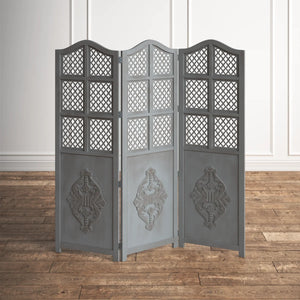 Three-Panel Wooden Room Divider with Traditional Carved Cutout Design, Blue  Wooden Bazar