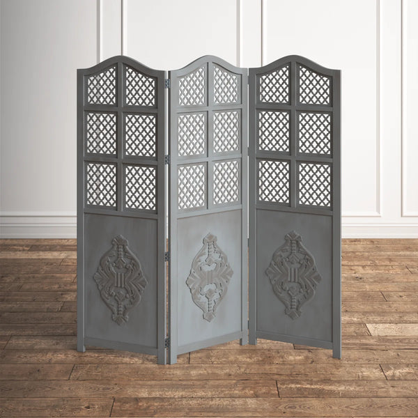 Three-Panel Wooden Room Divider with Traditional Carved Cutout Design, Blue  Wooden Bazar