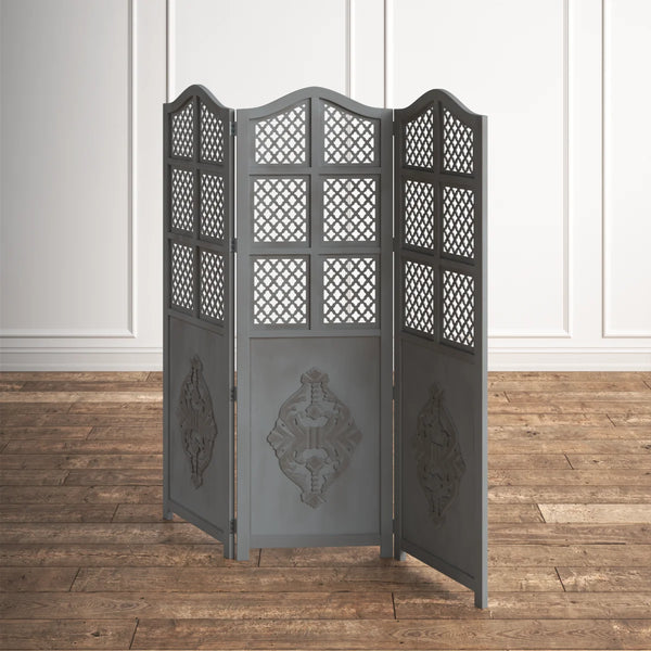 Three-Panel Wooden Room Divider with Traditional Carved Cutout Design, Blue  Wooden Bazar