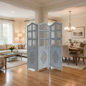 Three-Panel Wooden Room Divider with Traditional Carved Cutout Design, Blue  Wooden Bazar