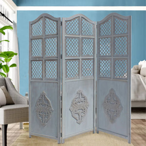 Three-Panel Wooden Room Divider with Traditional Carved Cutout Design, Blue  Wooden Bazar