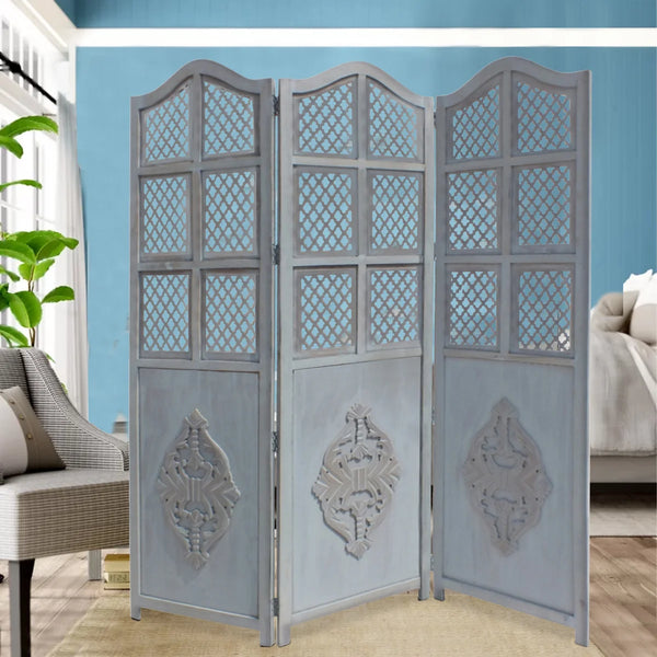 Three-Panel Wooden Room Divider with Traditional Carved Cutout Design, Blue  Wooden Bazar