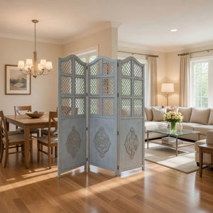 Three-Panel Wooden Room Divider with Traditional Carved Cutout Design, Blue  Wooden Bazar