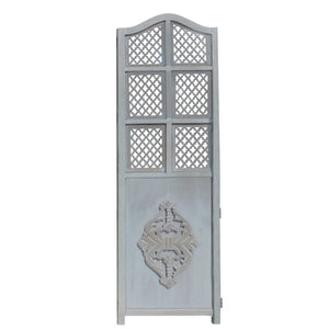 Three-Panel Wooden Room Divider with Traditional Carved Cutout Design, Blue  Wooden Bazar