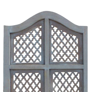 Three-Panel Wooden Room Divider with Traditional Carved Cutout Design, Blue  Wooden Bazar