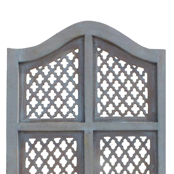 Three-Panel Wooden Room Divider with Traditional Carved Cutout Design, Blue  Wooden Bazar