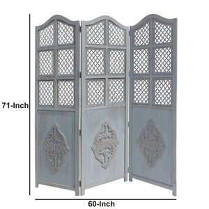 Three-Panel Wooden Room Divider with Traditional Carved Cutout Design, Blue  Wooden Bazar