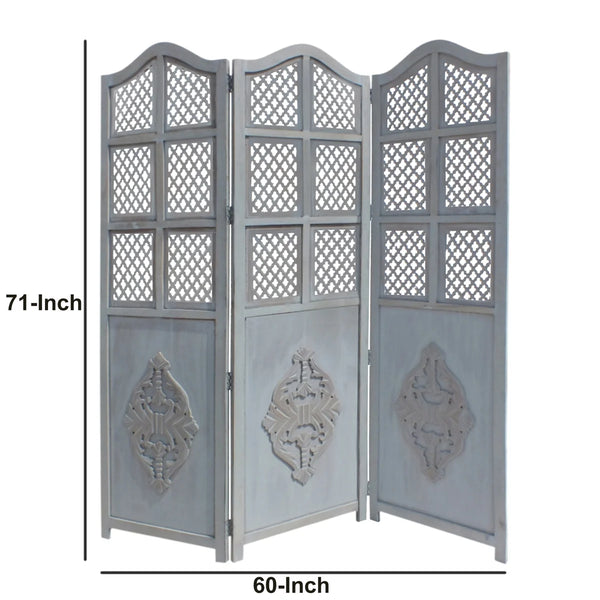 Three-Panel Wooden Room Divider with Traditional Carved Cutout Design, Blue  Wooden Bazar