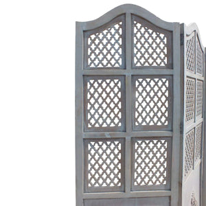 Three-Panel Wooden Room Divider with Traditional Carved Cutout Design, Blue  Wooden Bazar