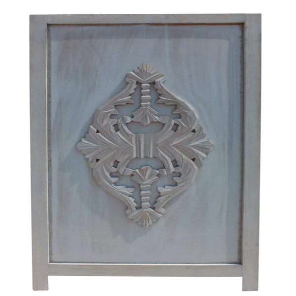 Three-Panel Wooden Room Divider with Traditional Carved Cutout Design, Blue  Wooden Bazar