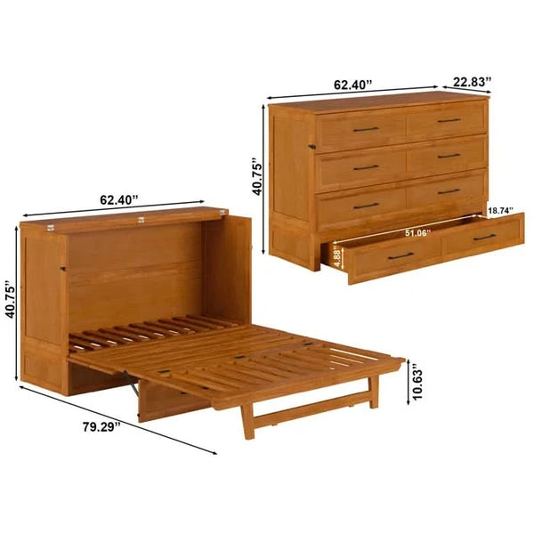 Wood Murphy Bed Chest with Storage Drawer, Built-in Charging station and Mattress