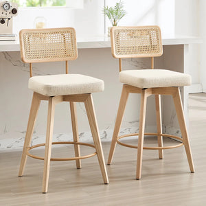 Swivel Counter Stools with Linen Upholstery, Rattan Cane Back & Solid Wood Frame (Set of 2)  Wooden Bazar