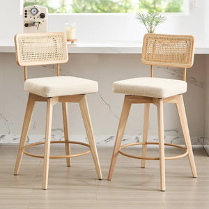 Swivel Counter Stools with Linen Upholstery, Rattan Cane Back & Solid Wood Frame (Set of 2)  Wooden Bazar