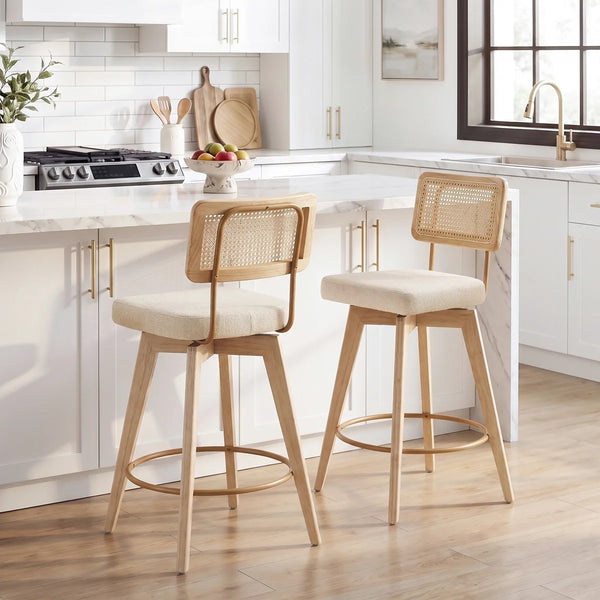 Swivel Counter Stools with Linen Upholstery, Rattan Cane Back & Solid Wood Frame (Set of 2)  Wooden Bazar
