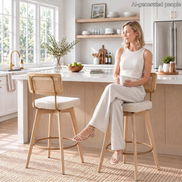 Swivel Counter Stools with Linen Upholstery, Rattan Cane Back & Solid Wood Frame (Set of 2)  Wooden Bazar