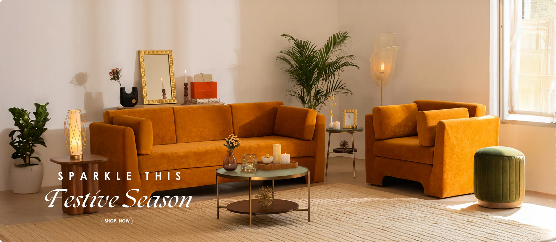 Living room with orange sofa, armchair, and coffee table 