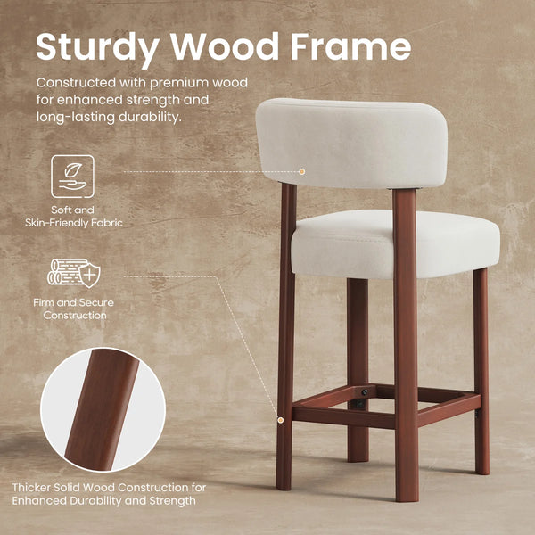 Set of 2 Upholstered Counter-Height Bar Stools with Solid Rubberwood Frames  Wooden Bazar