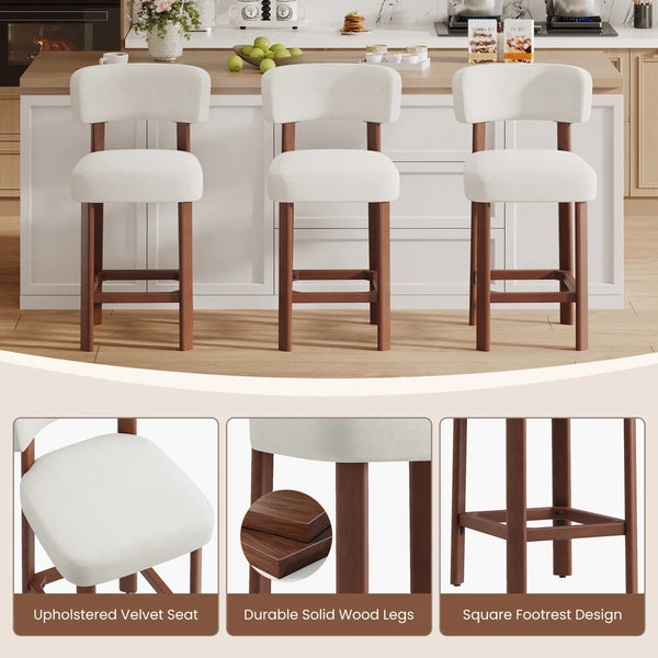 Set of 2 Upholstered Counter-Height Bar Stools with Solid Rubberwood Frames  Wooden Bazar