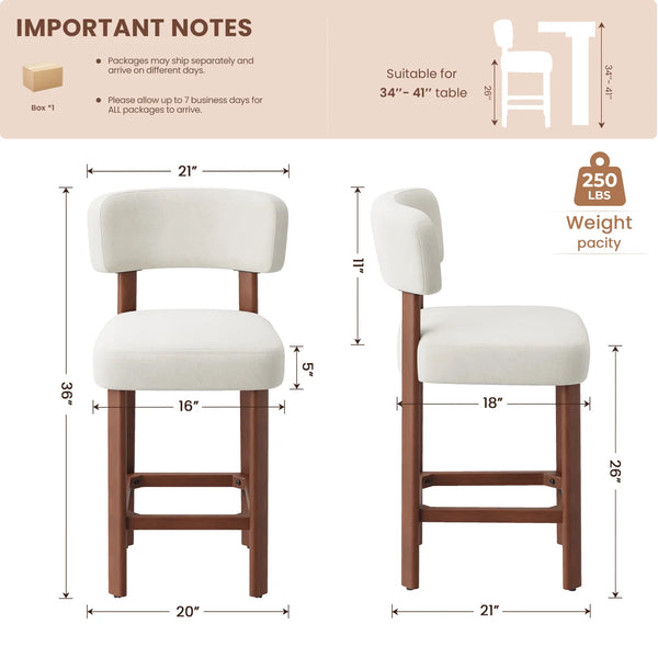 Set of 2 Upholstered Counter-Height Bar Stools with Solid Rubberwood Frames  Wooden Bazar