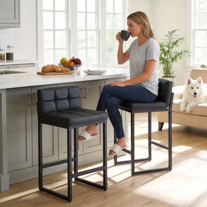 Upholstered Low Back Counter Stool with Thickened Metal Frame for Kitchen Island  Wooden Bazar