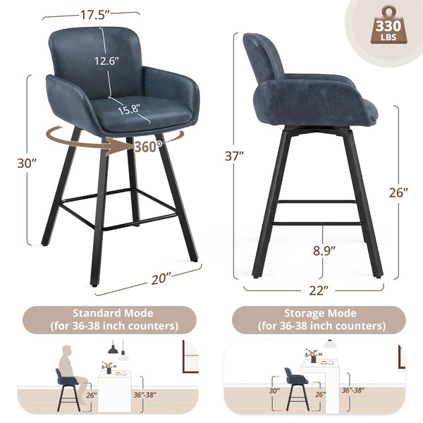 Upholstered Swivel Bar Stools with Metal Frame (Set of 2)  Wooden Bazar