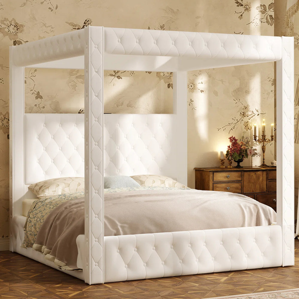 Upholstered Tufted Canopy Bed with Deep Button Headboard and Padded Frame