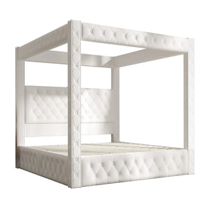 Upholstered Tufted Canopy Bed with Deep Button Headboard and Padded Frame
